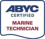 A blue and white badge that says abyc certified marine technician