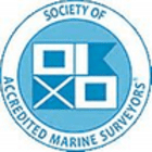 A blue and white seal with the words society of accredited marine surveyors.